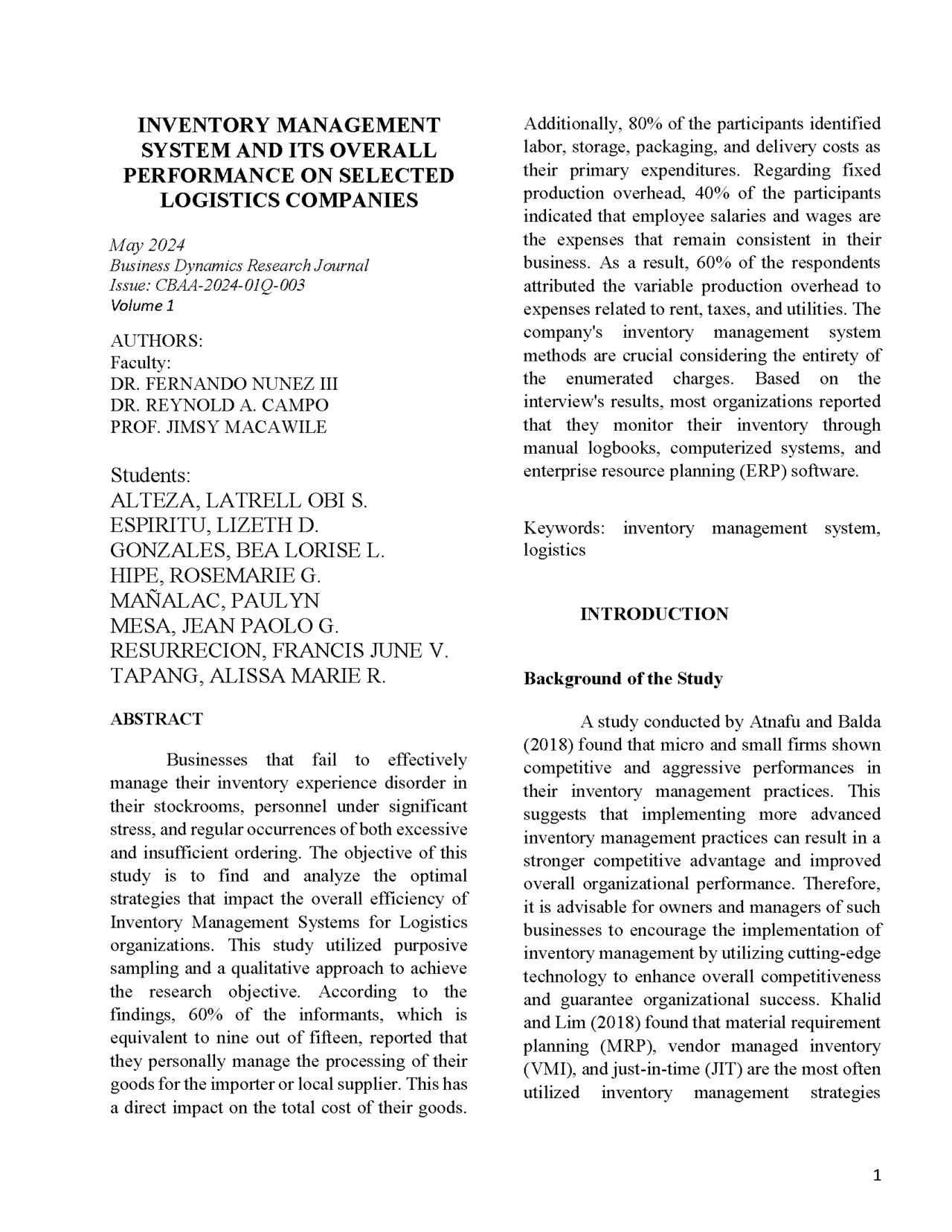 INVENTORY MANAGEMENT SYSTEM AND ITS OVERALL PERFORMANCE ON SELECTED ...