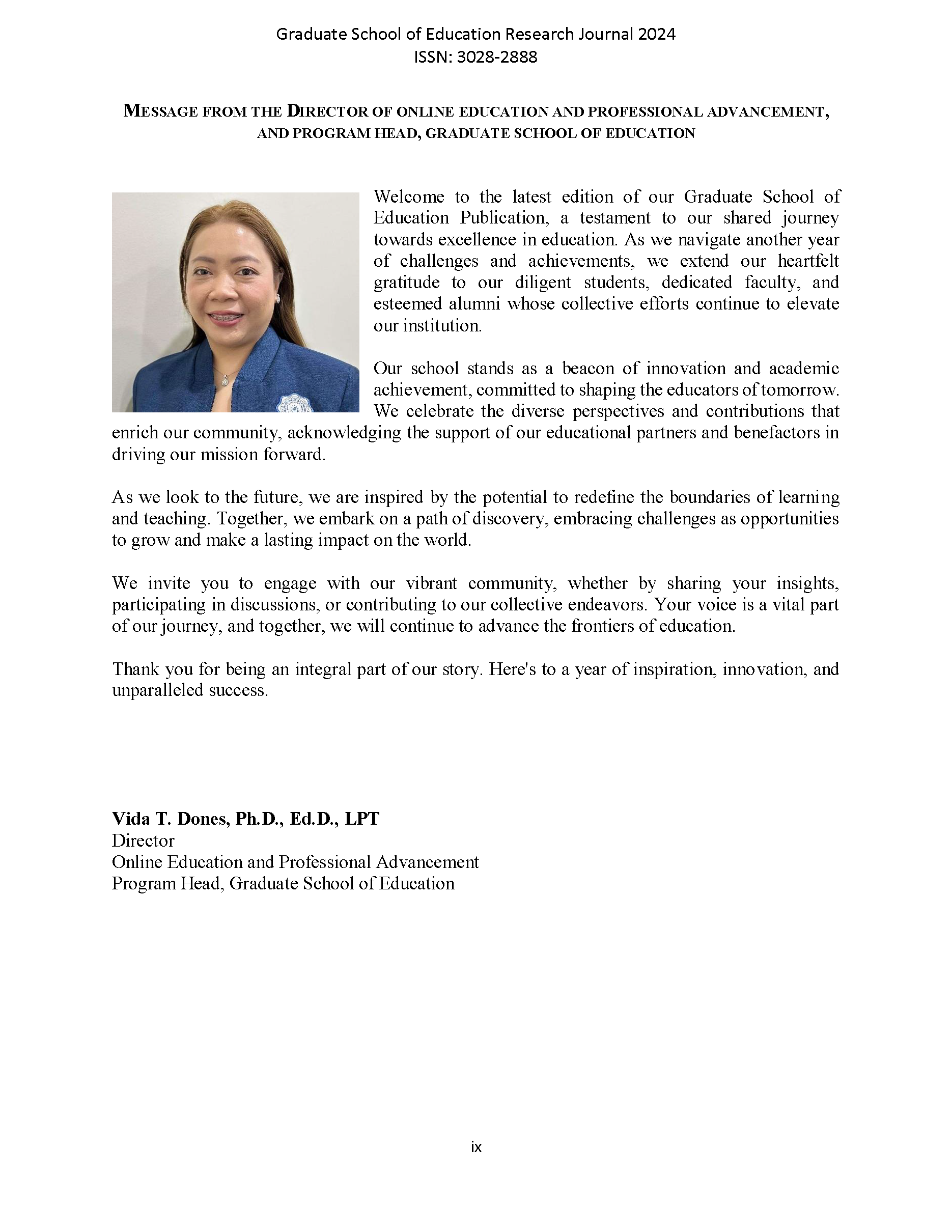 Graduate Level Journal Graduate School of Education Research Journal – PCU Manila